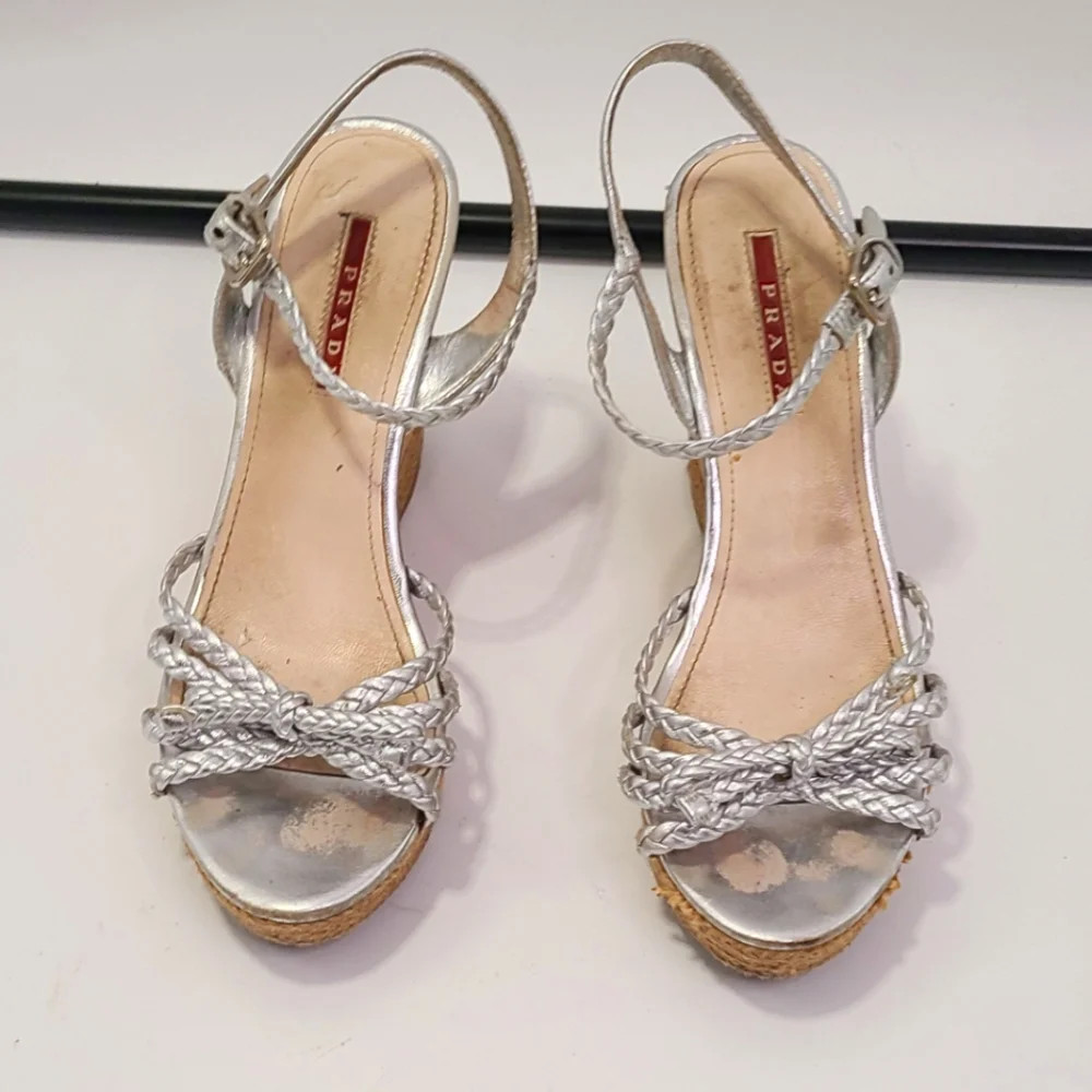 Prada silver leather strappy Wedge heel with Cork Heel peep toe size‎ 38